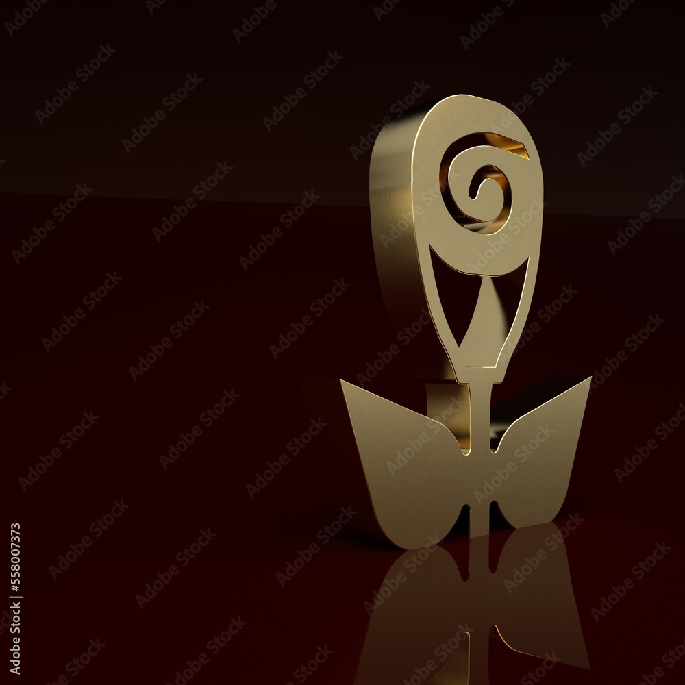 Gold Flower rose icon isolated on brown background. Minimalism concept. 3D render illustration