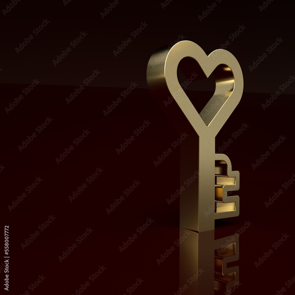 Gold Key in heart shape icon isolated on brown background. Happy Valentines day. Minimalism concept.