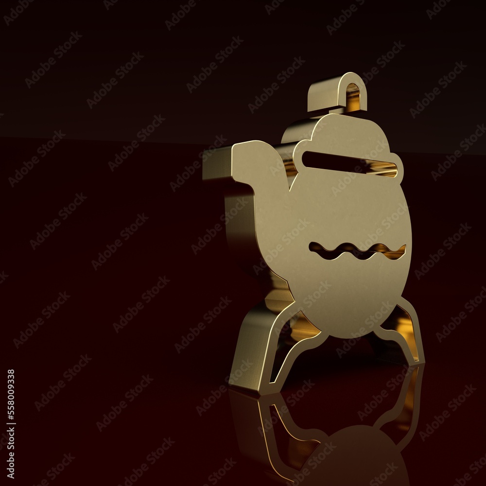 Gold Classic teapot icon isolated on brown background. Minimalism concept. 3D render illustration