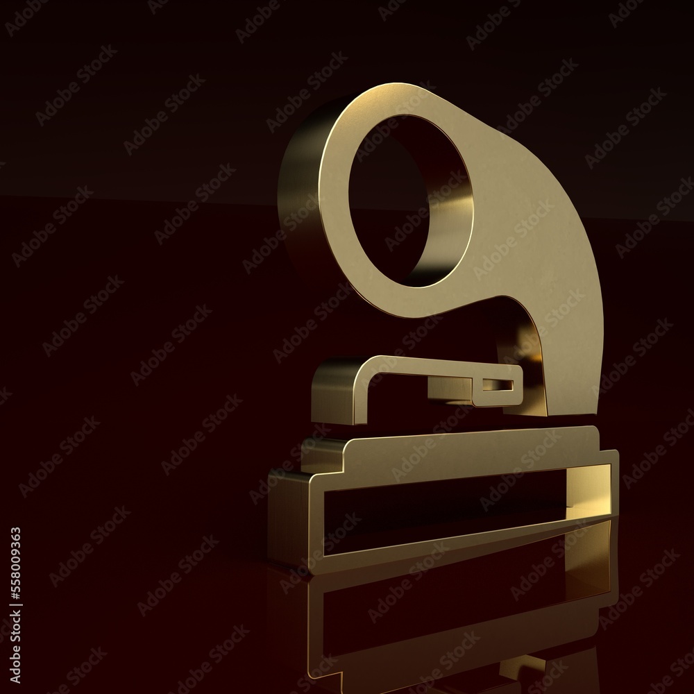 Gold Old gramophone icon isolated on brown background. Minimalism concept. 3D render illustration