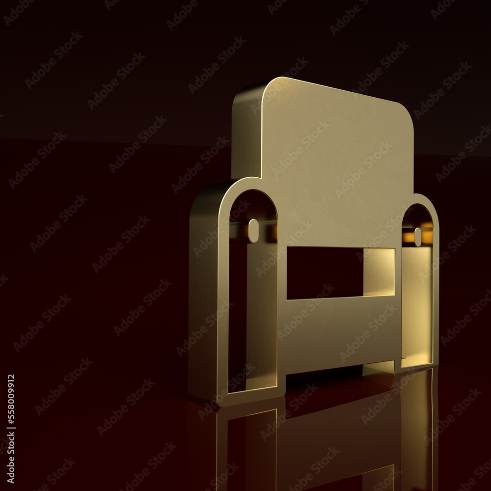 Gold Armchair icon isolated on brown background. Minimalism concept. 3D render illustration