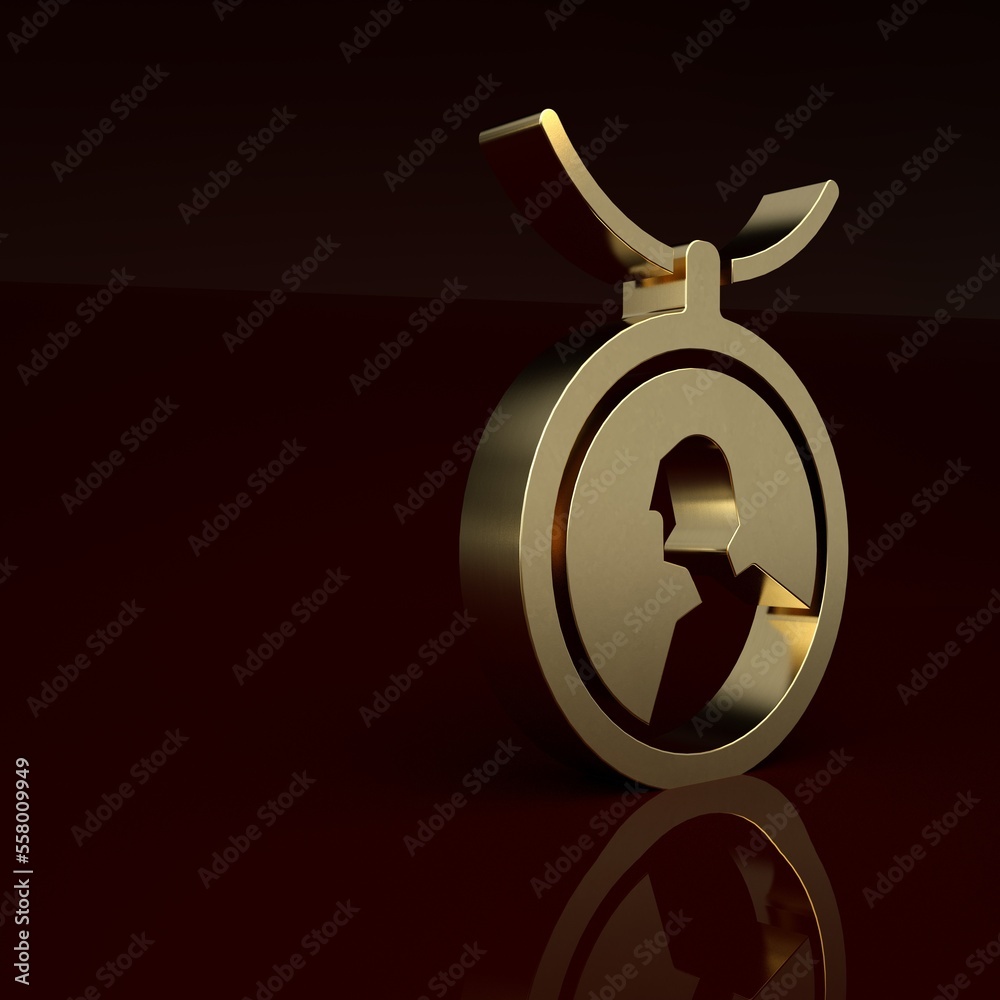 Gold Locket on necklace icon isolated on brown background. Minimalism concept. 3D render illustratio