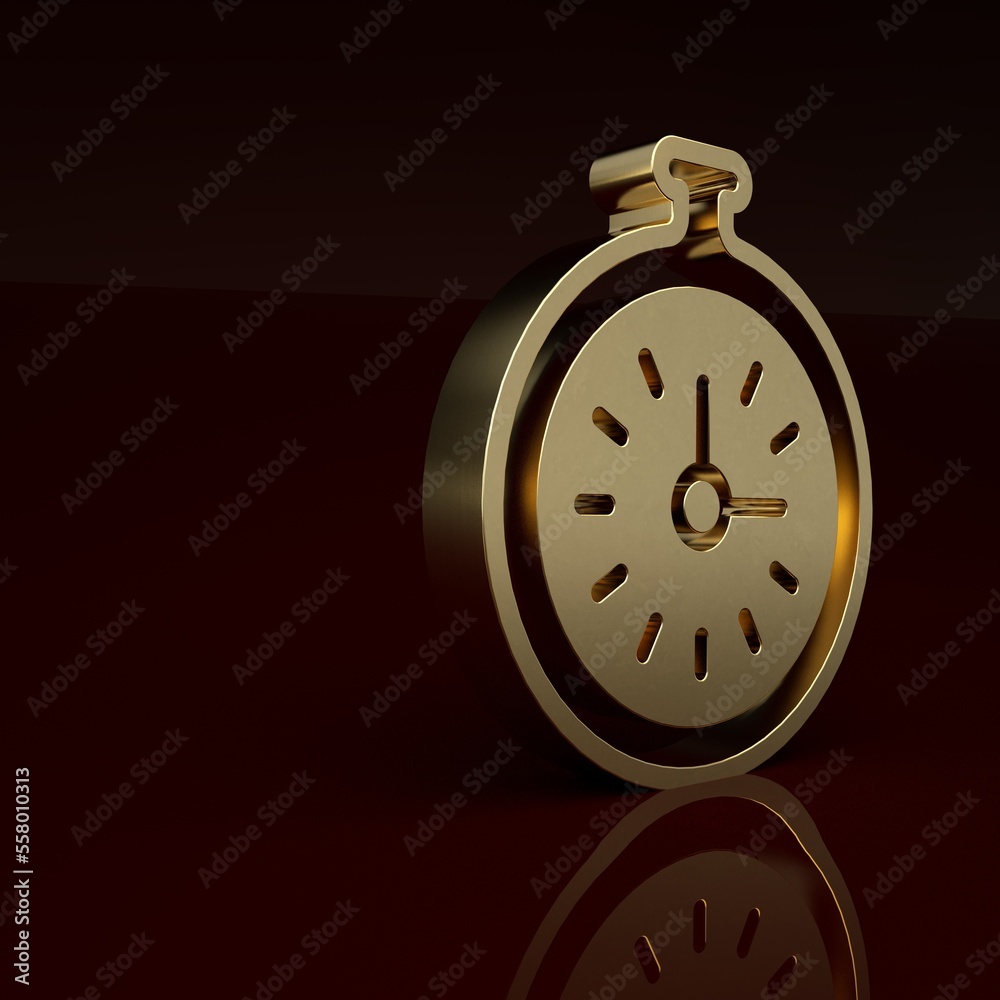 Gold Pocket watch icon isolated on brown background. Minimalism concept. 3D render illustration