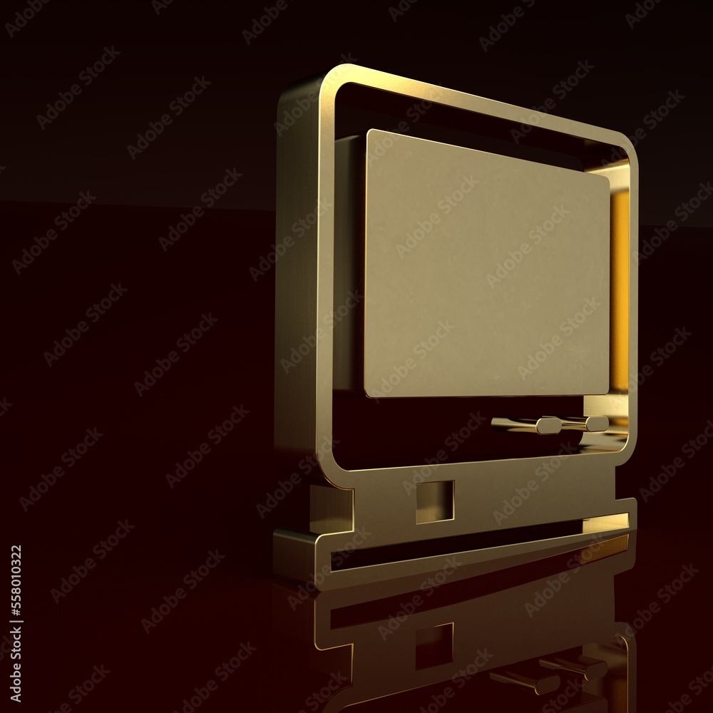 Gold Retro tv icon isolated on brown background. Television sign. Minimalism concept. 3D render illu