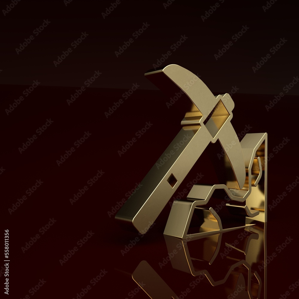 Gold Gold mining icon isolated on brown background. Minimalism concept. 3D render illustration