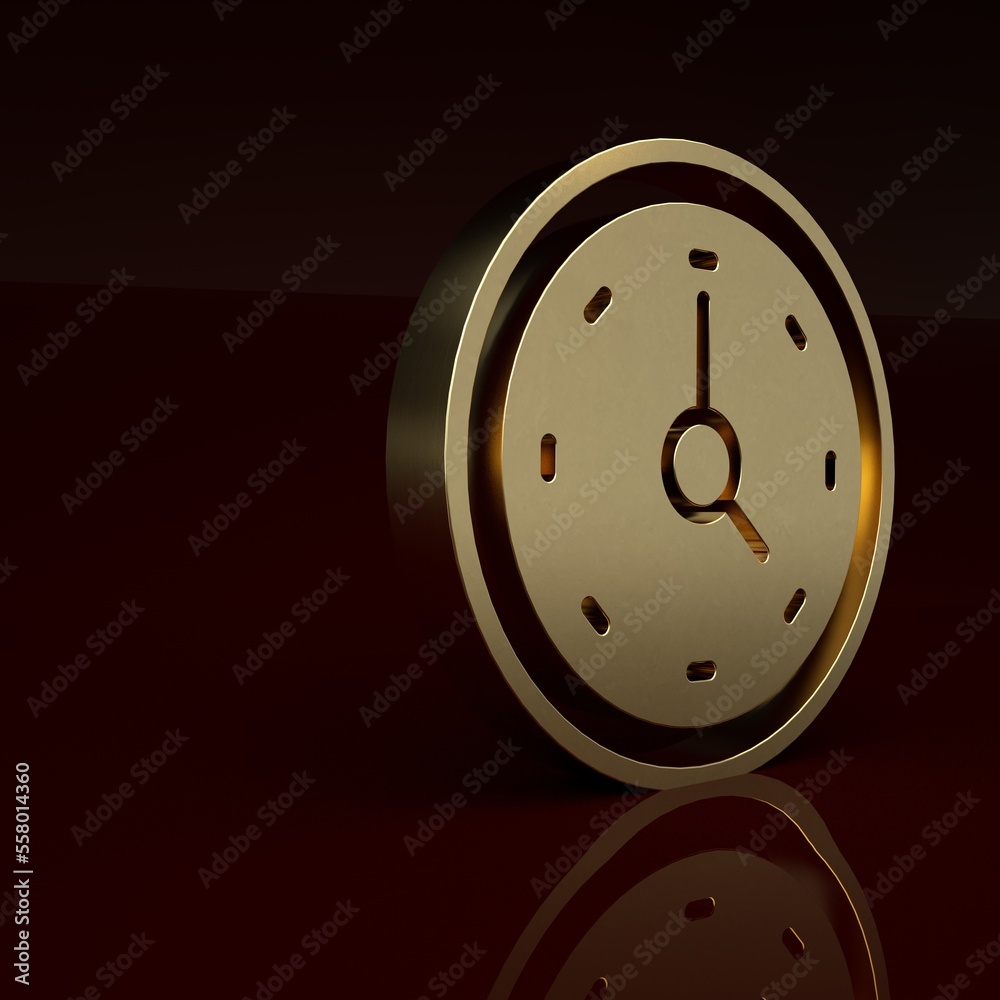 Gold Clock icon isolated on brown background. Time symbol. Minimalism concept. 3D render illustratio