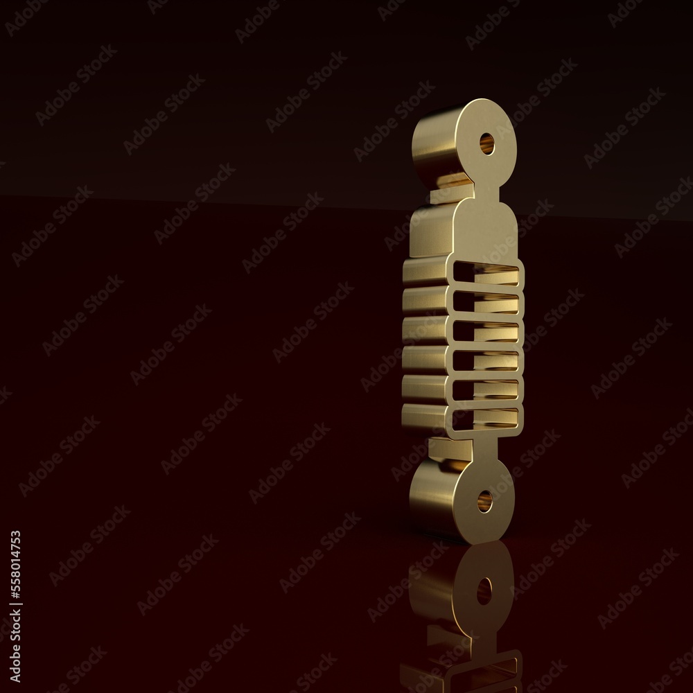 Gold Shock absorber icon isolated on brown background. Minimalism concept. 3D render illustration