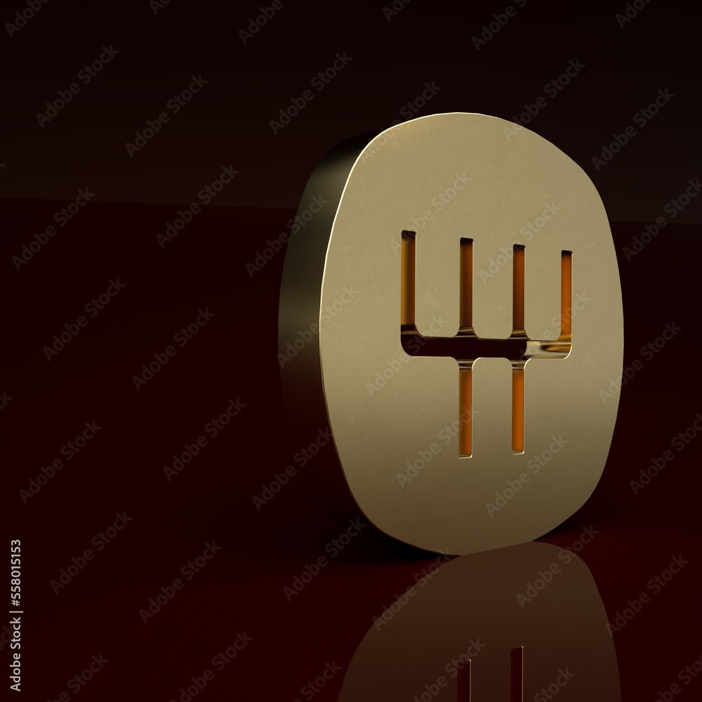 Gold Gear shifter icon isolated on brown background. Manual transmission icon. Minimalism concept. 3