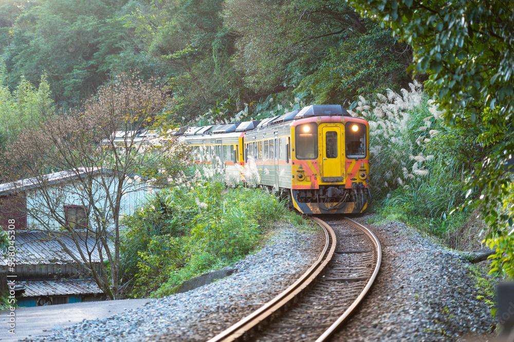 Diesel yellow train travels in the mountains and forests. Sandiaoling Railway Station, Ruifang Distr