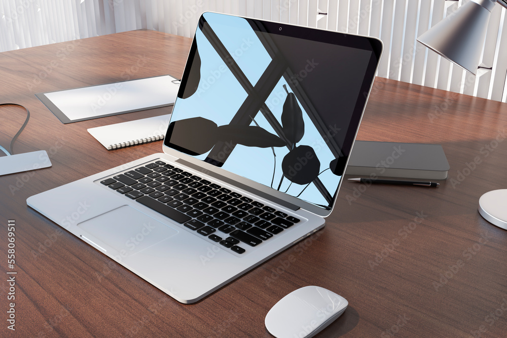 Perspective view on modern laptop screen with flowers shadow on wooden work table with notebooks, mo