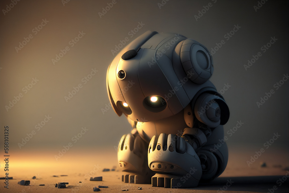 Young humanoid sad lonely robot child suffering from depression which can lead to cyber mental healt