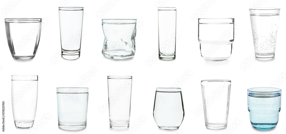 Many different glasses of water on white background