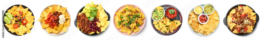 Collage of tasty traditional dishes with nachos on white background