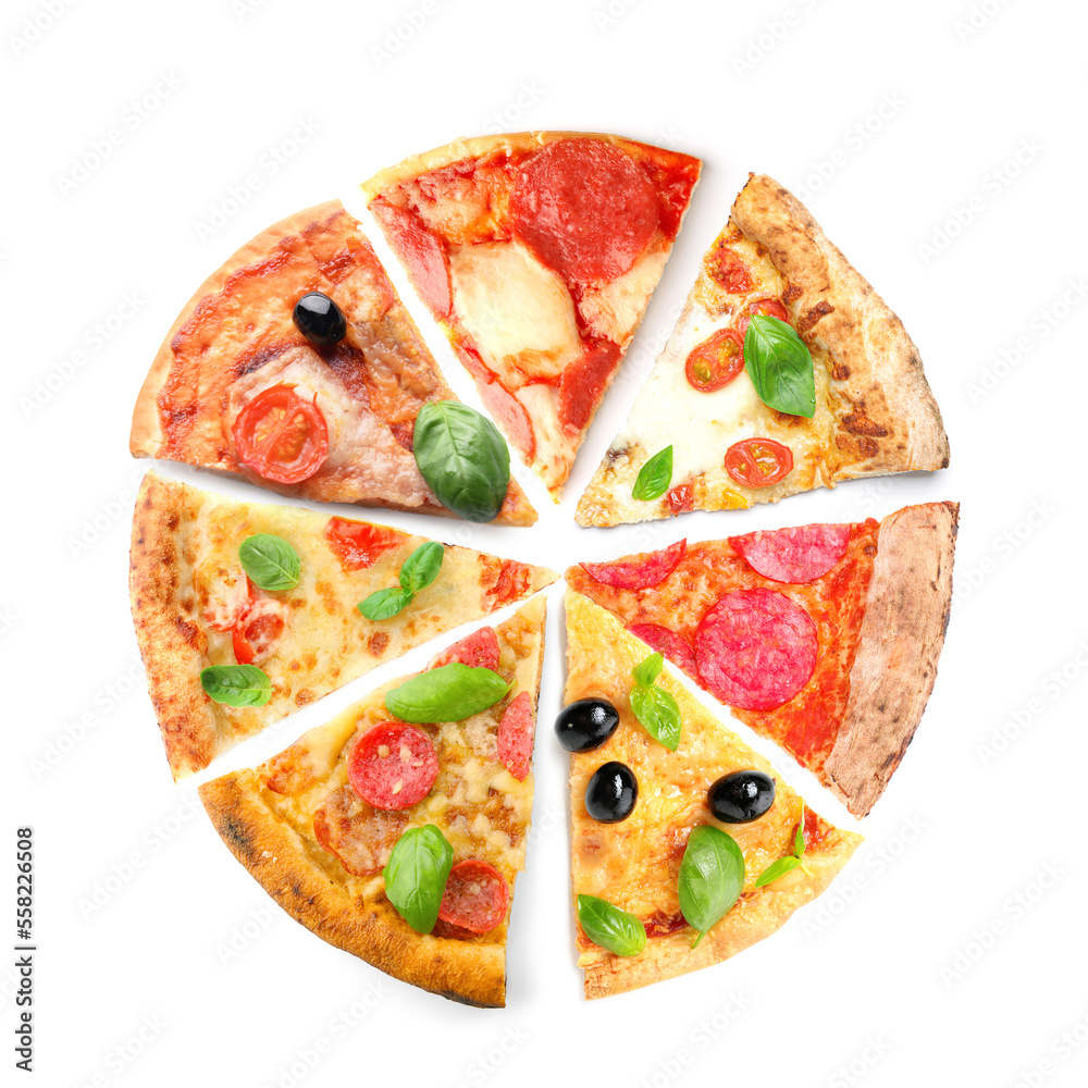 Slices of different tasty pizzas isolated on white, top view