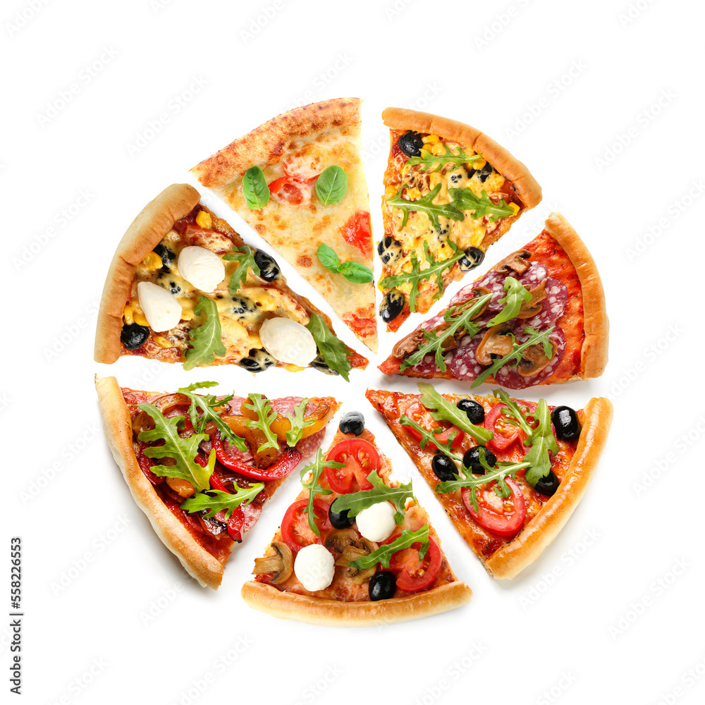 Slices of different tasty pizzas isolated on white, top view