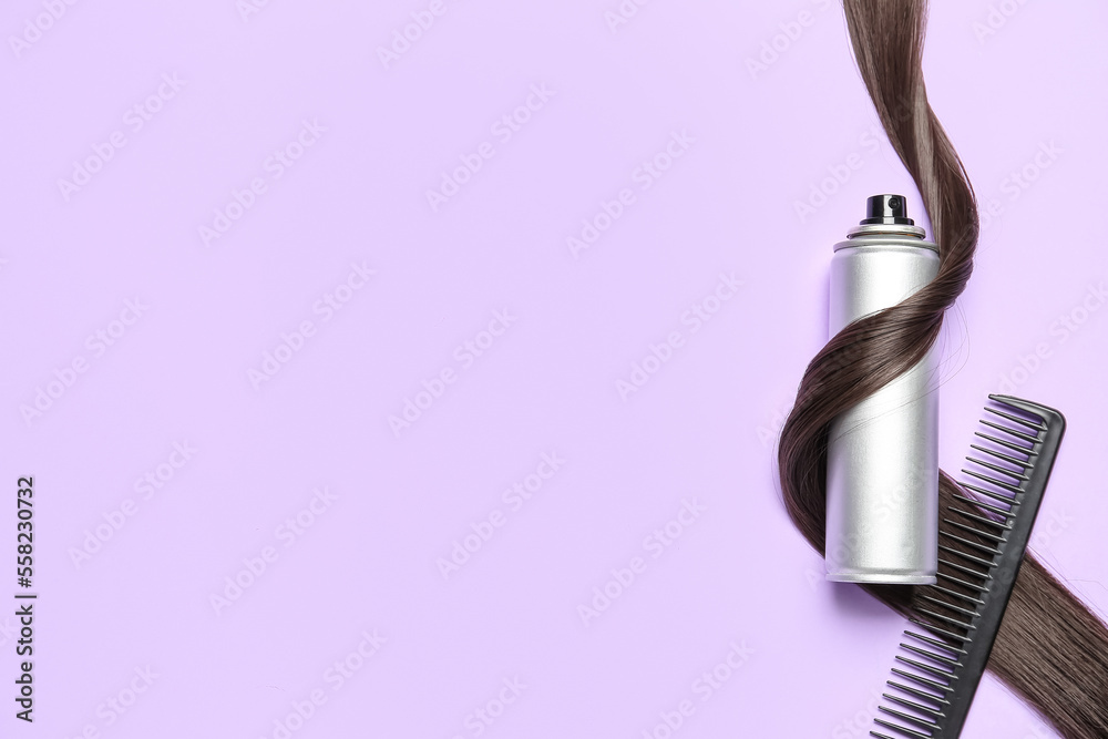 Hair spray with strand and comb on lilac background