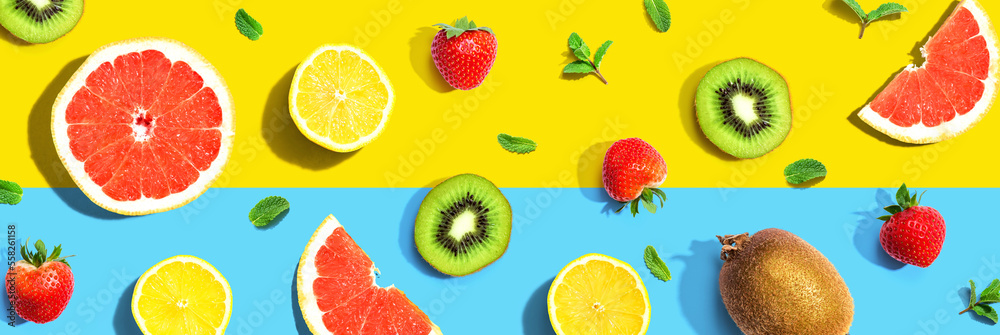 Collection of mixed fruits overhead view flat lay