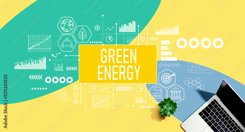 Green Energy concept with a laptop computer on a yellow, green and blue pattern background