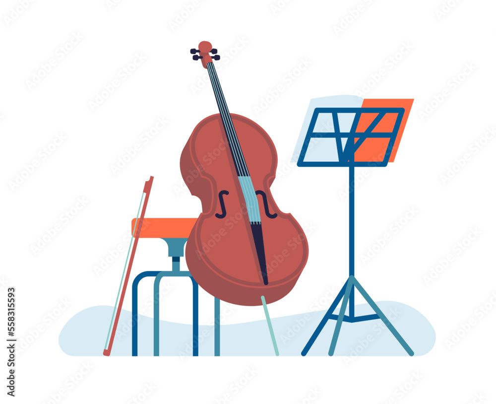 Musical acoustic instrument. Learning to play cello. Music stand and chair. Orchestra performance. J