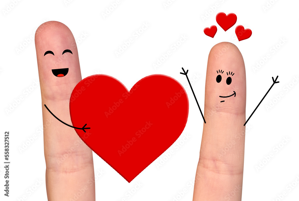 Happy finger couple in love celebrating Valentine’s day by holding each other