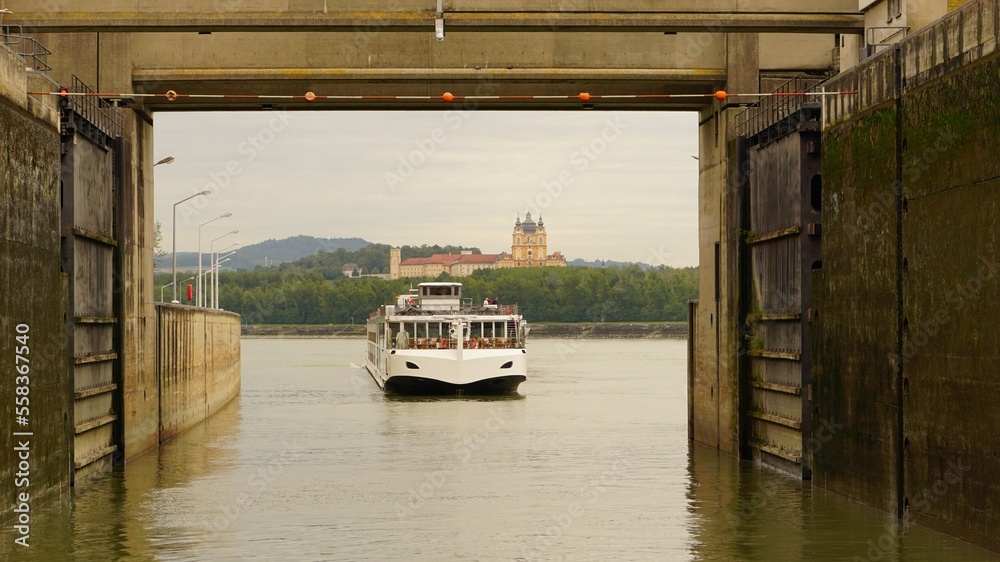 Chember lock with cruise ship on river Danube in Melk, Austria