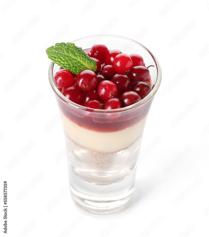 Shot of delicious pudding with cranberry, mint and jam isolated on white background