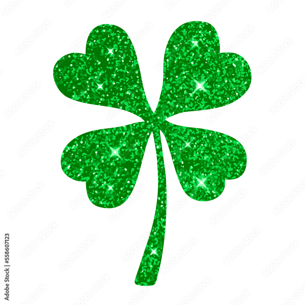 Four-leaf clover with glitter effect, symbol of the Irish holiday of St. Patricks Day and good luck