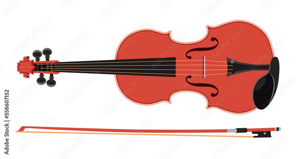 Violin and bow. Musical instrument for orchestra. Vector illustration isolated on white background