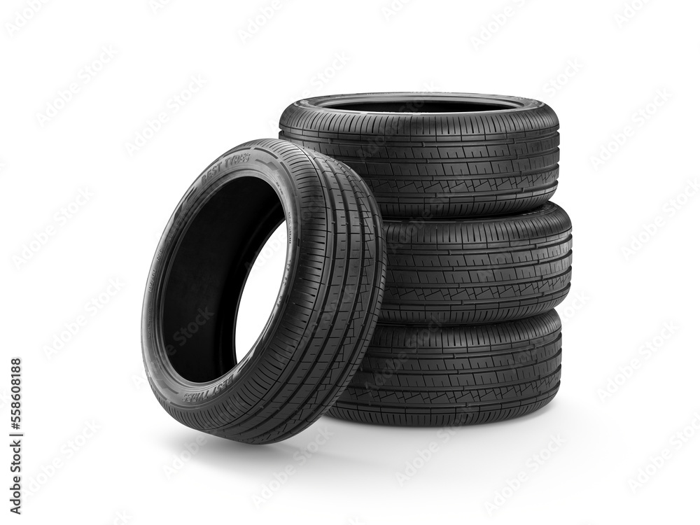 New tires pile on white background - 3d rendering of car tires. Auto service, Tyres stack change, Ty