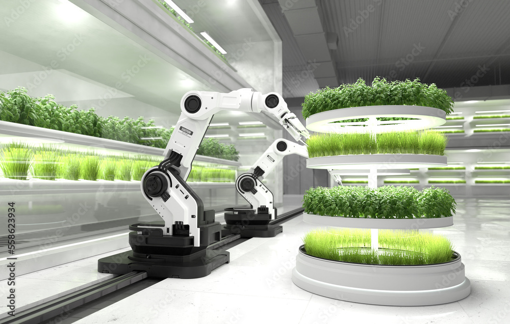 Smart robotic farmers concept, robot farmers, Agriculture technology, Farm automation.