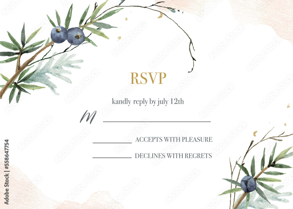 Watercolor vector hand painted wedding rsvp card template.