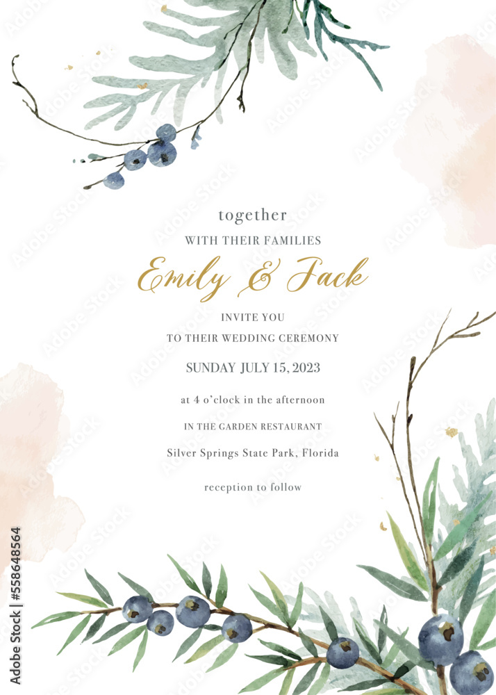 Watercolor vector hand painted wedding invitation card template.