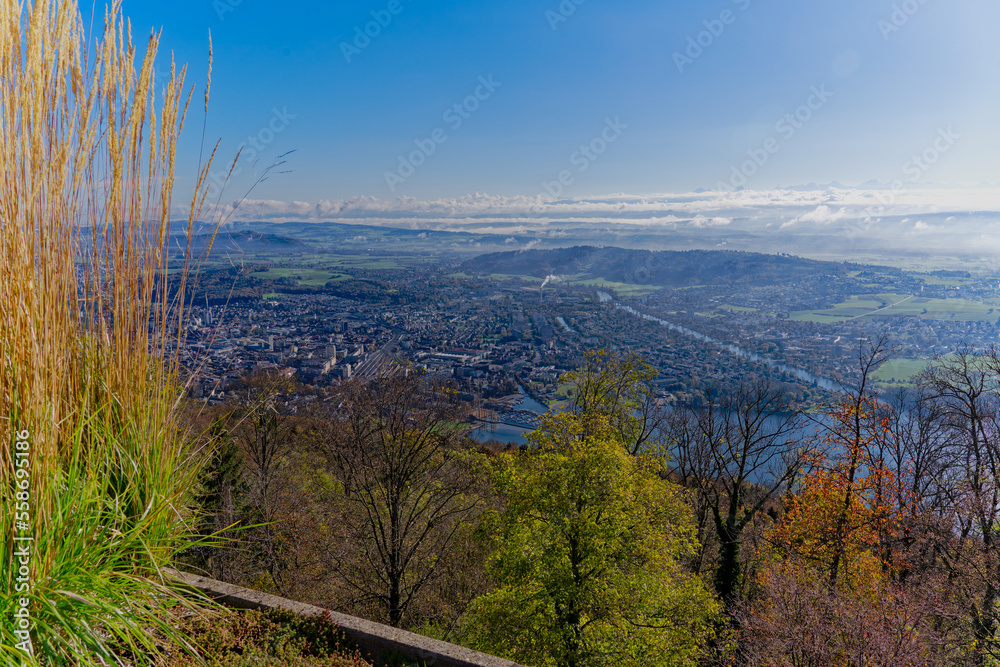 Aerial view from village Magglingen Macolin, Canton Bern, over City of Biel Bienne and lake with Aaa