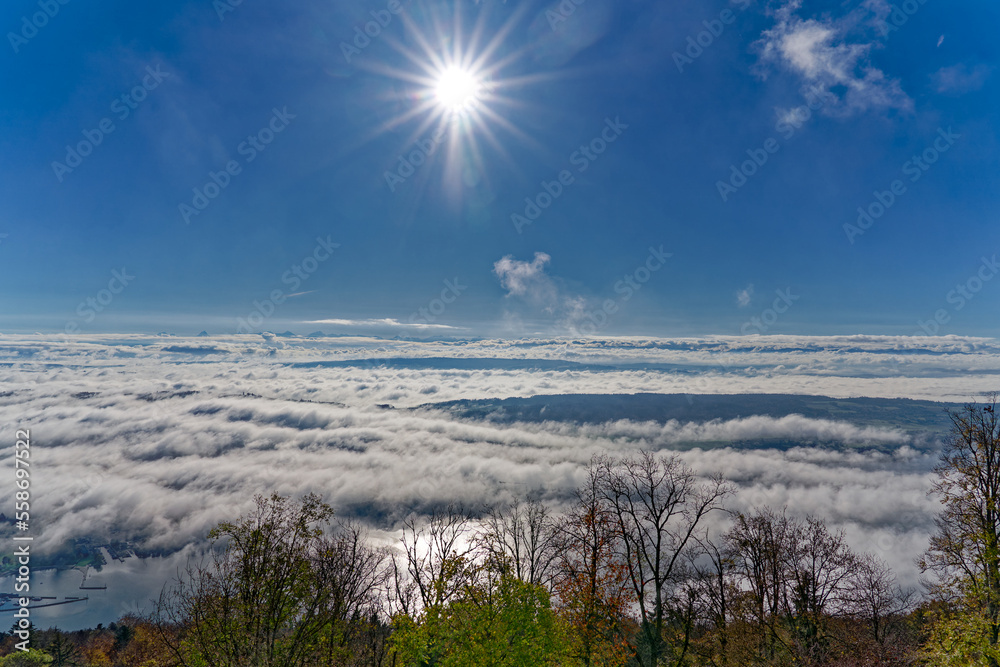 Aerial view from village Magglingen Macolin, Canton Bern, over Lake Biel Bienne with Aare River and 