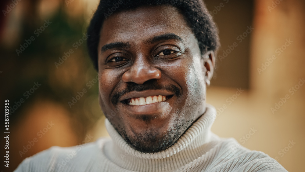 Close Up Portrait of a Happy Young Black Male with Trimmed Beard, Wearing Stylish White Turtleneck P