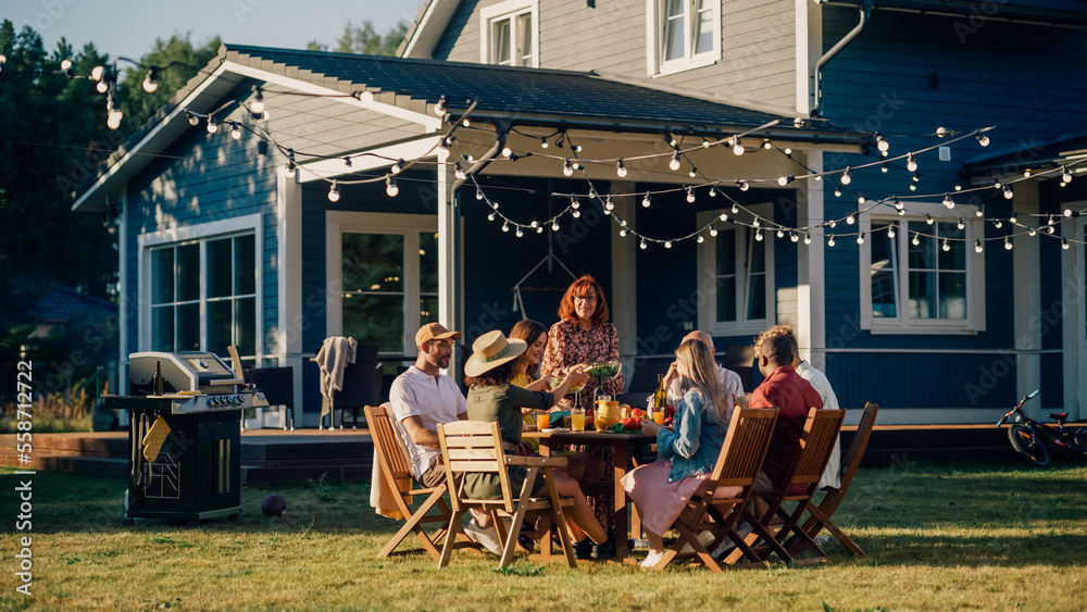 Big Family and Friends Celebrating Outside at Home. Diverse Group of Children, Adults and Old People