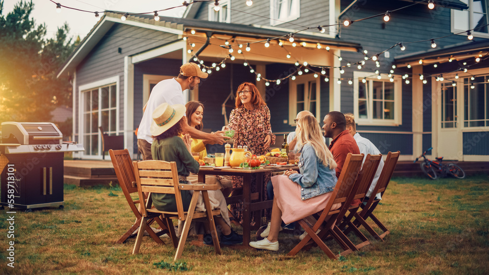 Big Family and Friends Celebrating Outside in a Backyard at Home. Diverse Group of Children, Adults 