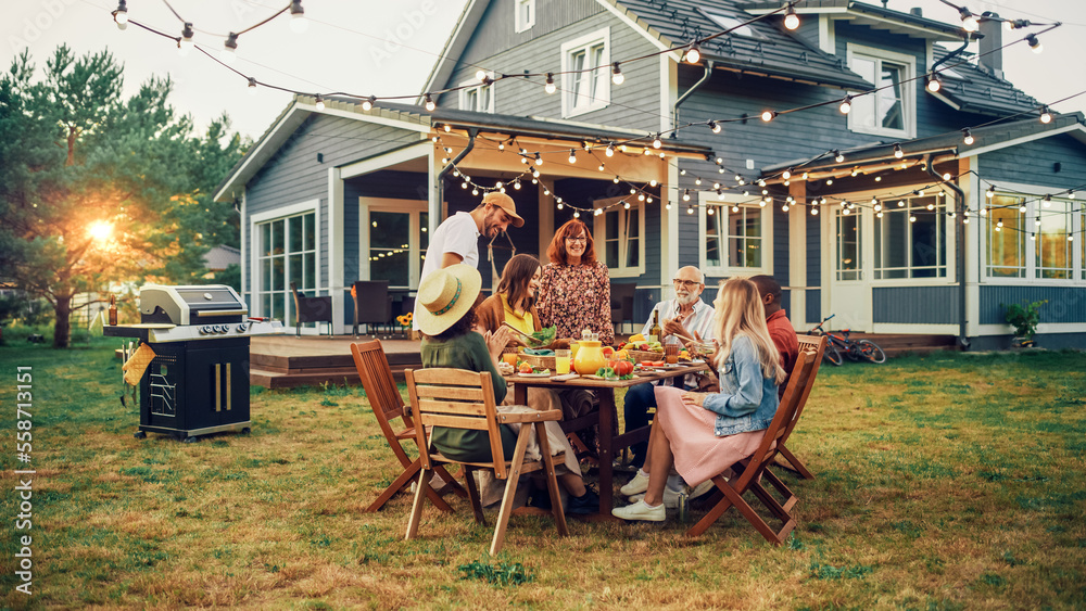 Big Family Garden Barbecue Party Celebration, Gathered Together at a Table with Relatives and Friend