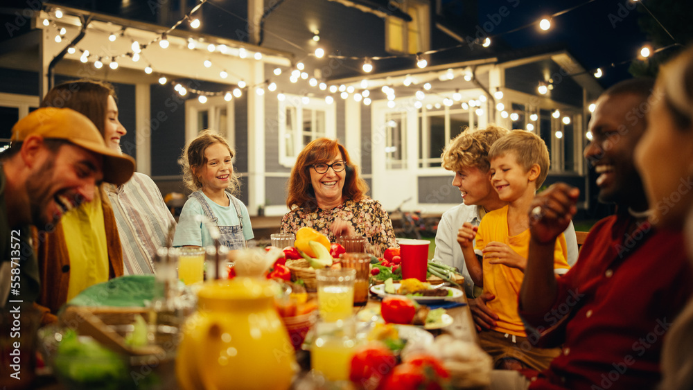 Grandmother Telling Funny Childhood Stories to Her Diverse Family and Multicultural Friends During a