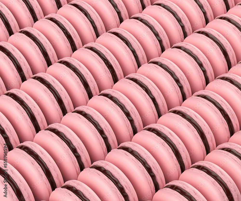 Many rows with pink french macarons filled with chocolate cream