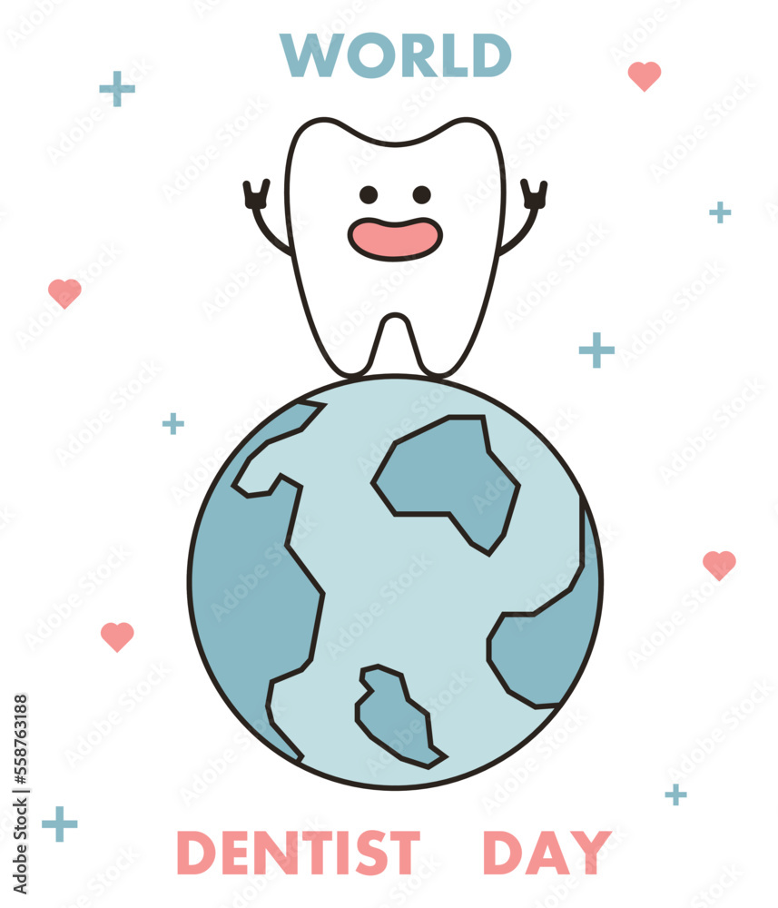 Greeting card for World Dentist Day with happy tooth and planet Earth