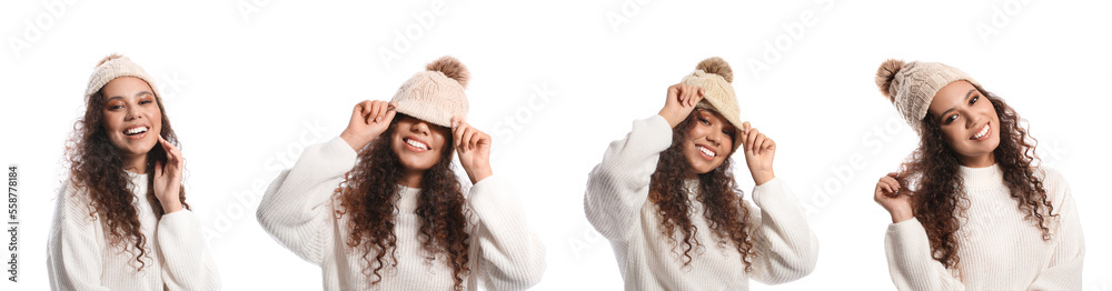 Collage of stylish young woman in winter clothes on white background