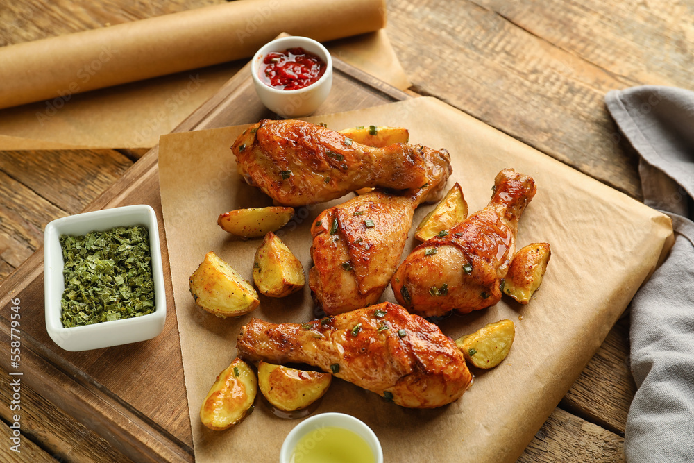 Board with tasty baked chicken legs, potato and spices on wooden table, closeup