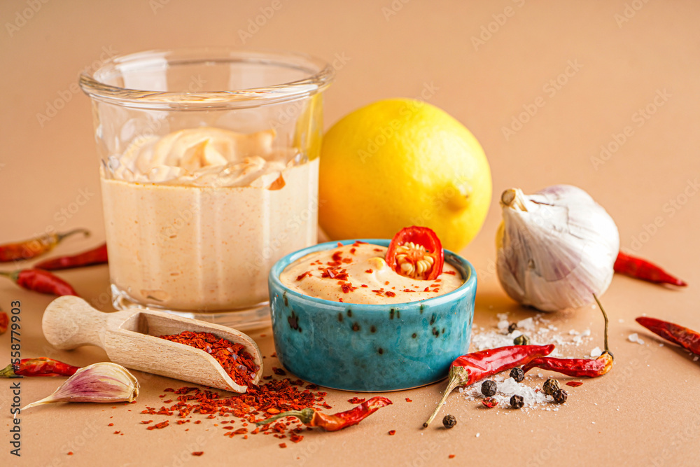 Bowl of tasty chipotle sauce and ingredients on color background