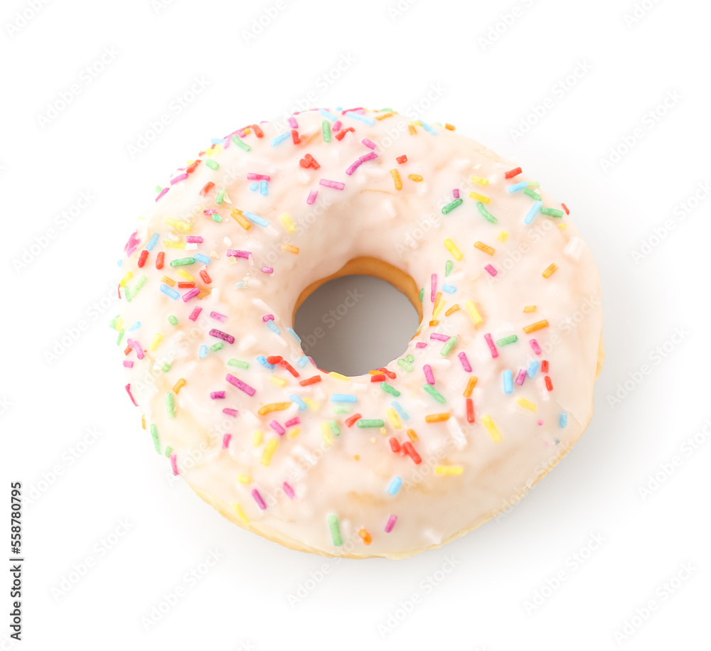 Tasty glazed donut with colorful sprinkles on white background