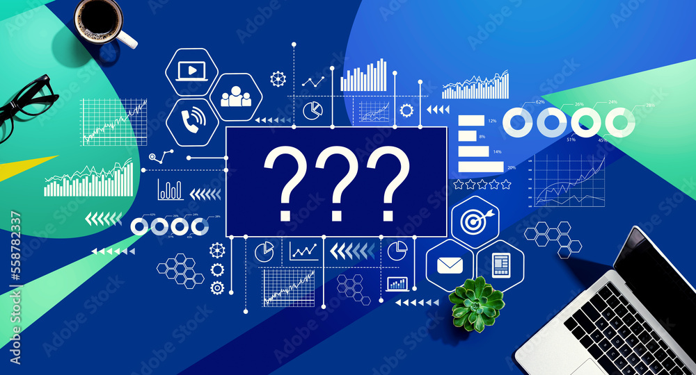 Question marks with a laptop computer on a blue and green pattern background