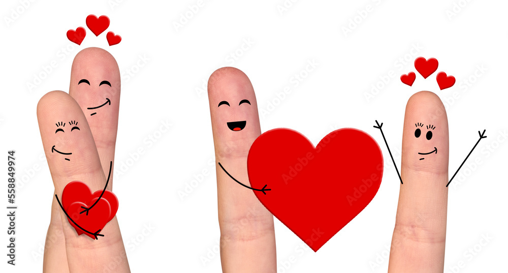 Happy finger couple in love celebrating Valentine’s day by holding each other