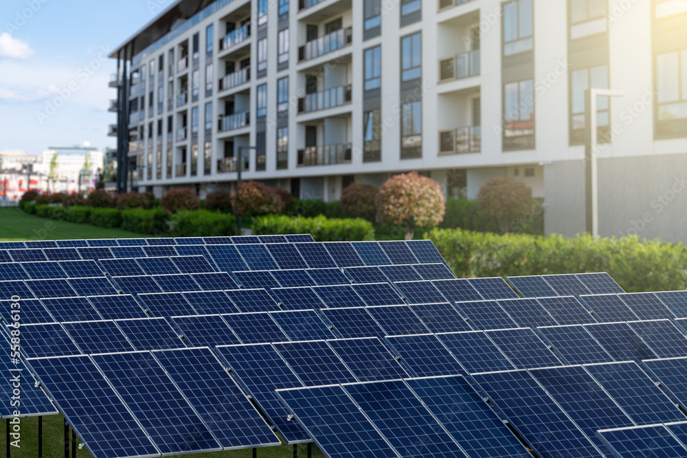 Solar panels near an apartment building