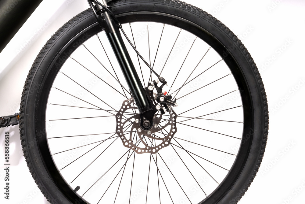 Disk Brake and Wheel of Black Mountain Bike isolated on white, Mountain Bicycle Isolated on White ba