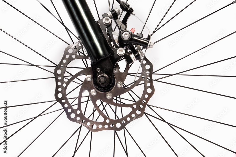 Disk Brake and Wheel of Black Mountain Bike isolated on white, Mountain Bicycle Isolated on White ba